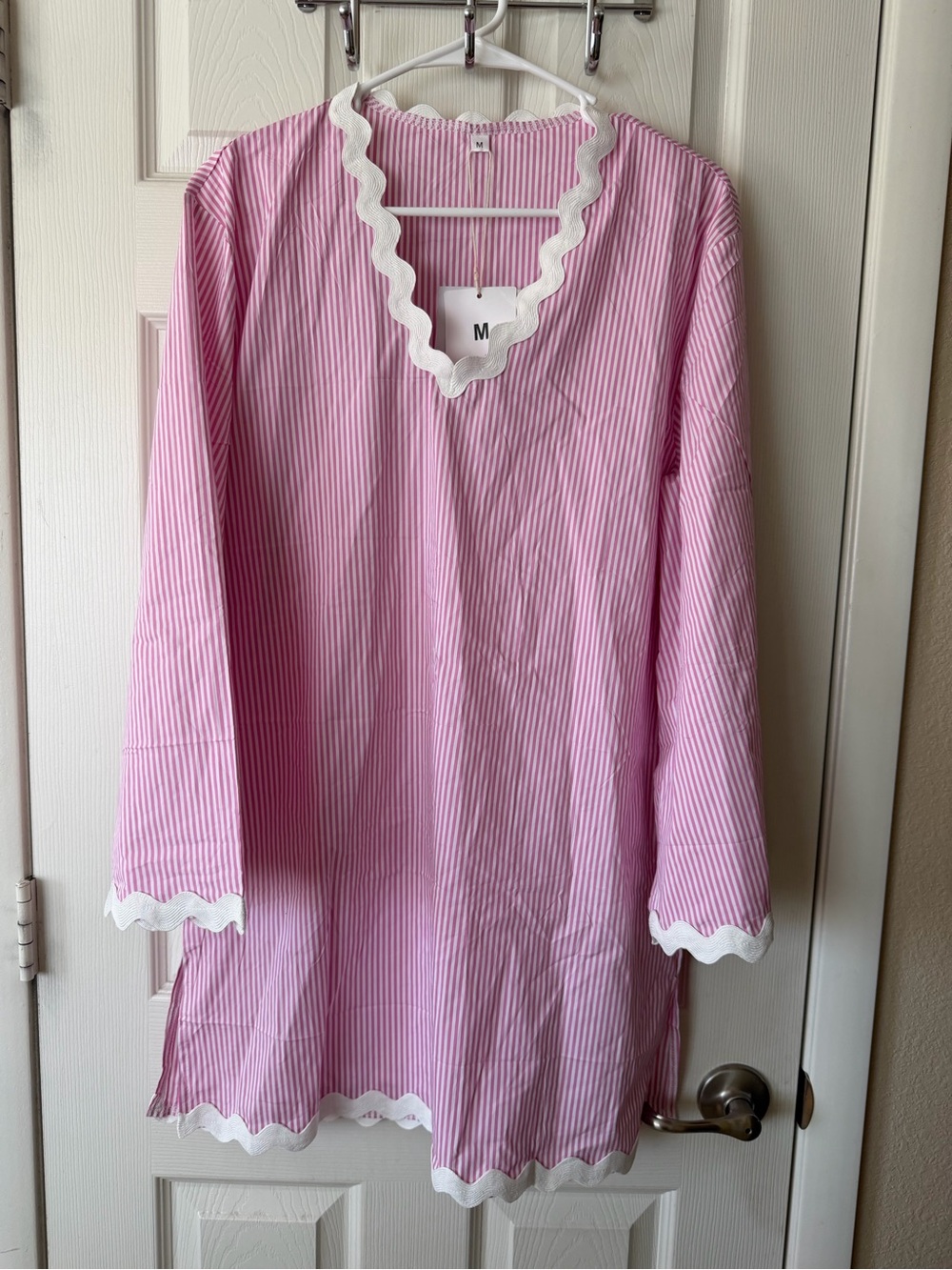 Striped Pink Women's Swim Coverup Tunic with Scalloped Trim